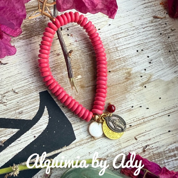 Boho Red turquoise saint Benedict beaded handmade bracelet - Picture 1 of 2